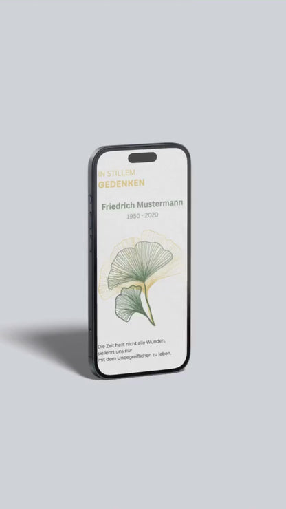 Digitale Trauerkarte mit Ginkgo und Zitat – modern, schlicht und stilvoll Abschied nehmen - 2-seitig