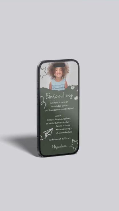 Digitale Einschulungseinladung mit Foto – im modernen Tafel-Design