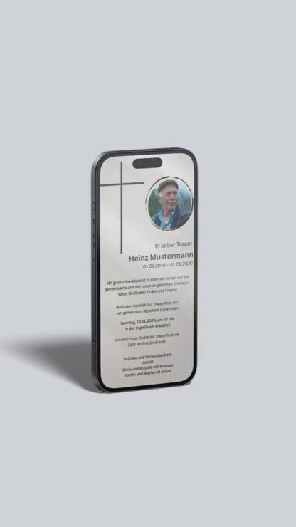 Digitale Trauerkarte mit Kreuz und Foto – klassisch und persönlich zur Beerdigung einladen