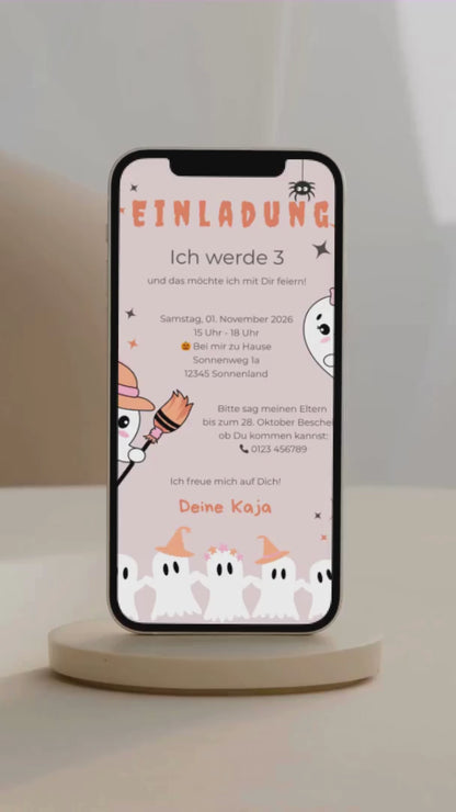 Halloween Kindergeburtstag Einladung – digitale Karte in Rosa mit Geistern & Kürbis-Charme