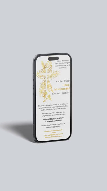 Digitale Trauerkarte mit goldenem Kreuz – hell und hoffnungsvoll zur Beerdigung einladen