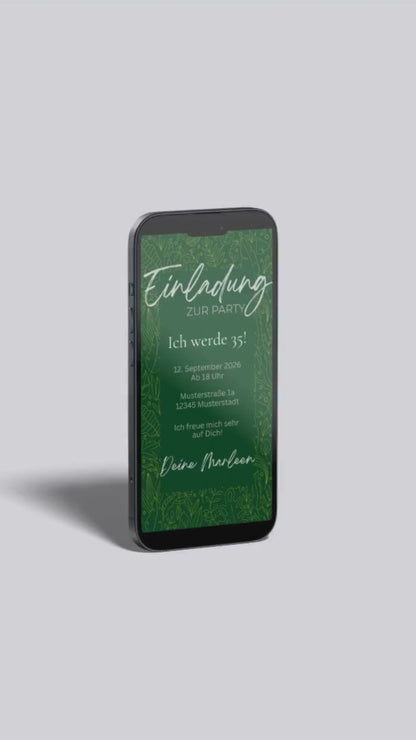 Digitale Geburtstagseinladung in Dunkelgrün mit Naturmotiv – stilvoll & elegant