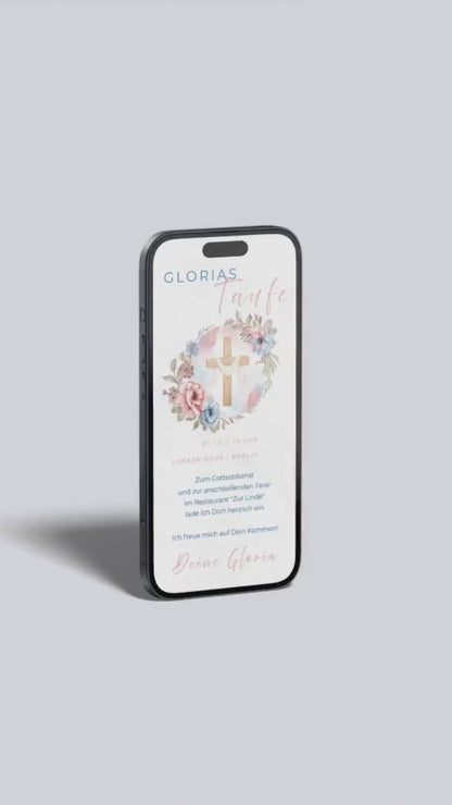 Digitale Taufeinladung – liebevoll gestaltet mit Blumenkranz & Holzkreuz