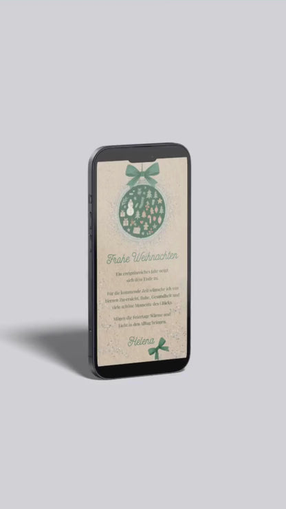 Digitale Weihnachtskarte – Grüne Schleife & Winterornament