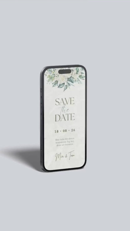 Florale Save-the-Date Karte – digital & romantisch mit weißen Rosen