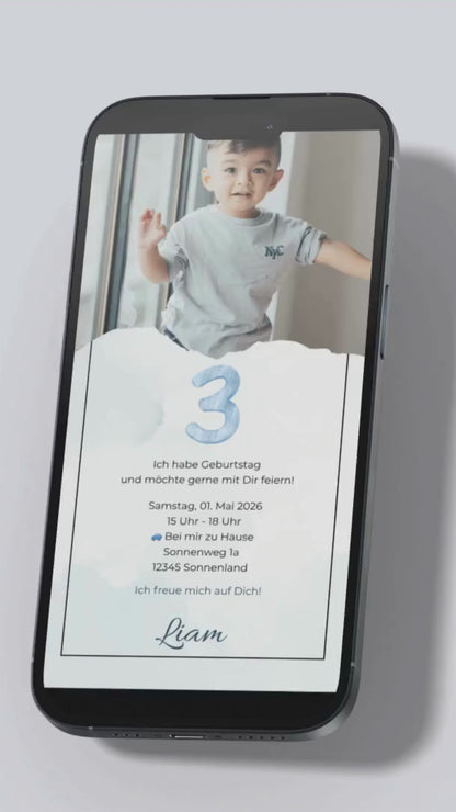 Digitale Geburtstagseinladung für Kinder – schlichtes Design in Blau mit Foto