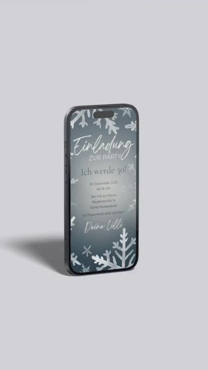 Digitale Geburtstagseinladung – Winterparty mit Schneeflocken