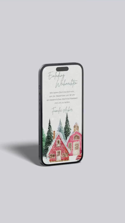 Digitale Einladung zu Weihnachten – winterliches Aquarelldesign mit gemütlichen Häuschen