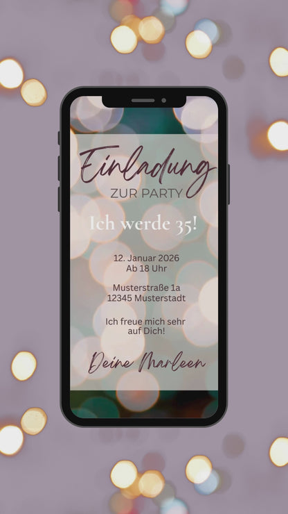 Digitale Geburtstags-Videoeinladung – Sanfte Bokeh-Lichteffekte