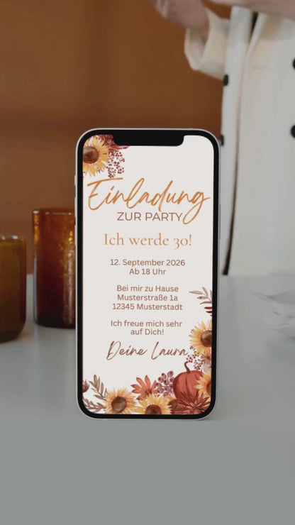 Herbstliche Geburtstagseinladung mit Sonnenblumen und Kürbis – digital & liebevoll gestaltet