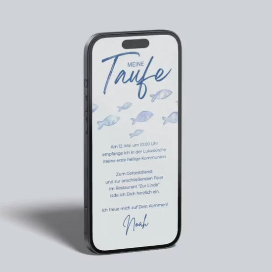 Video-Vorschau der digitalen Kommunionseinladung mit blauen Fischen.