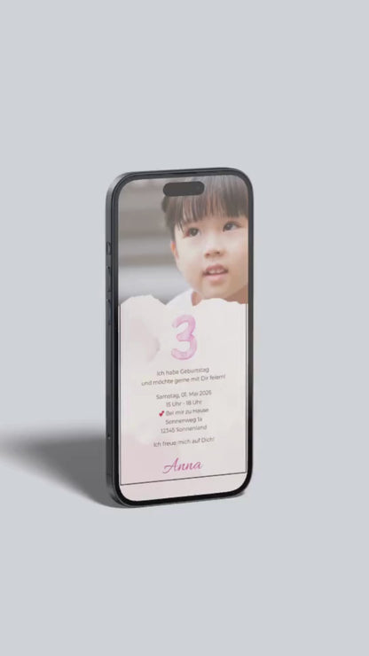 Digitale Geburtstagseinladung für Kinder – schlichtes Design in Rosa mit Foto