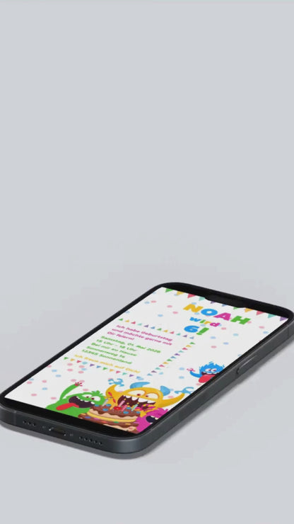 Digitale Geburtstagseinladung für Kinder – Buntes Monster-Party-Design mit Konfetti & Kuchen