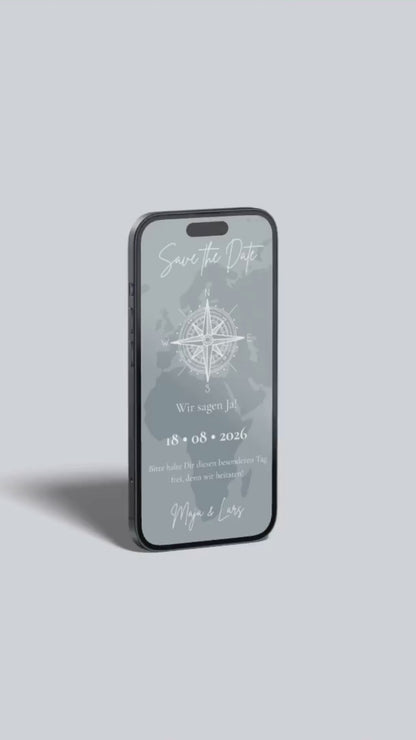 Digitale Save-the-Date Karte mit Kompass – stilvoll für Fernbeziehungen & Hochzeiten im Ausland