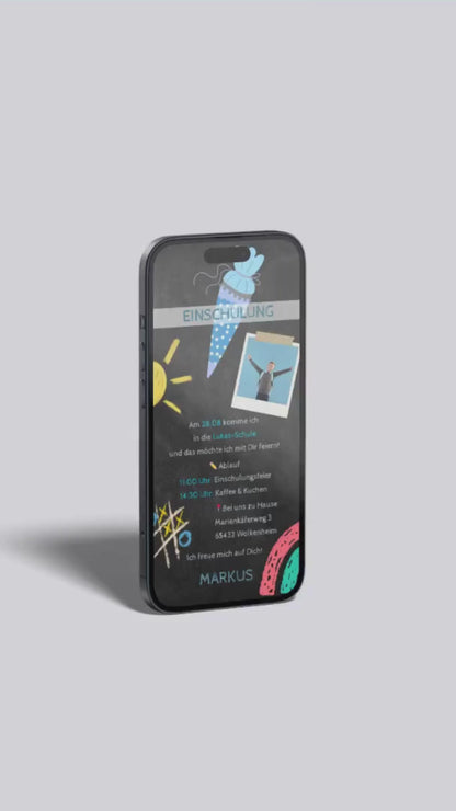 Digitale Einladung zur Einschulung – Tafel-Stil mit Kreidezeichnungen & Auswahl aus 6 Designs