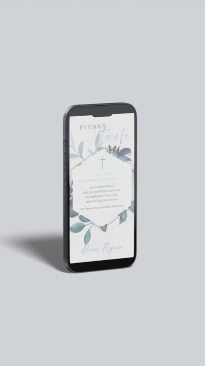 Digitale Taufeinladung – stilvoll & modern mit blauen Aquarellblättern