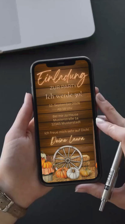Digitale Geburtstagseinladung im rustikalen Scheunenstil – herbstlich & stimmungsvoll