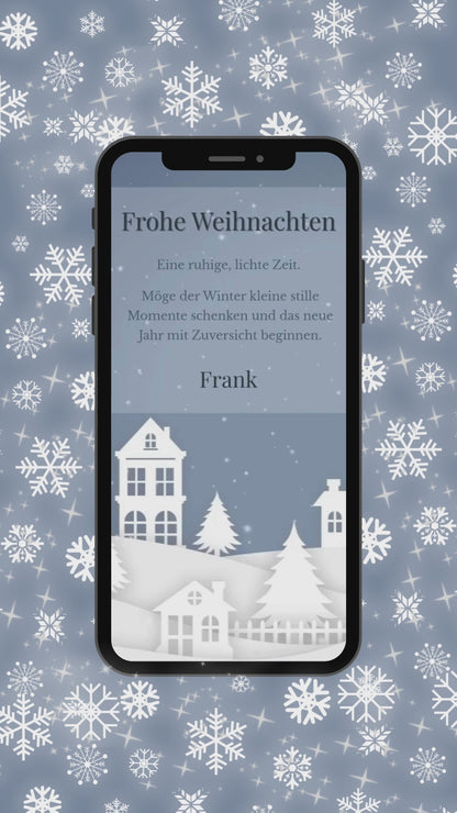 Digitale Weihnachts-Videoeinladung – Winterstadt & sanfter Schneefall