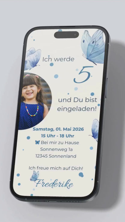 Digitale Geburtstagseinladung für Kinder – Schmetterlingskarte in Blau mit Foto