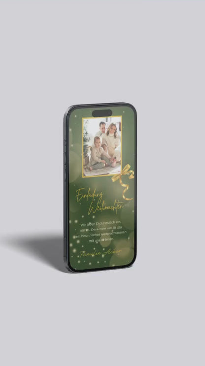 Digitale Einladung zu Weihnachten – elegantes Grün mit goldenem Lichterglanz