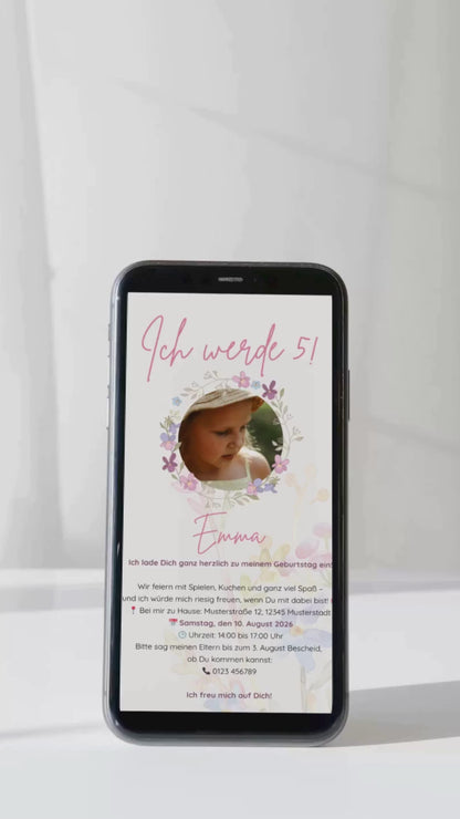 Digitale Einladung Kindergeburtstag – Pastellblumen & Foto