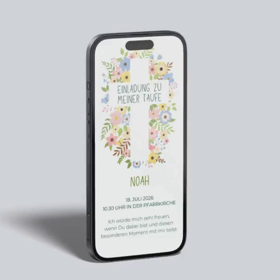Video-Vorschau der digitalen Taufeinladung mit Blumenkranz in Kreuzform.