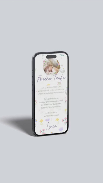 Digitale Taufeinladung mit Foto – liebevoll & blumig im Aquarellstil