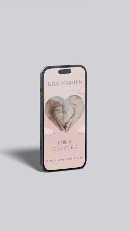 Digitale Geburtskarte – Herz & Wolken