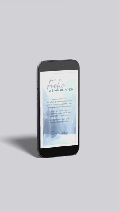 Digitale Weihnachtskarte – Frohe Weihnachten in Blau mit Winterlandschaft