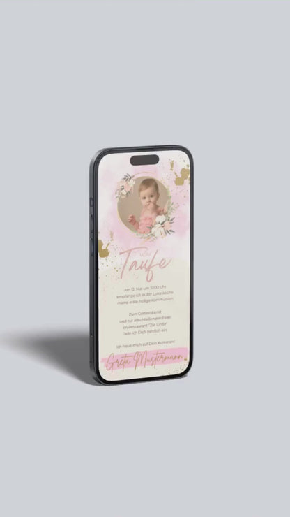 Digitale Taufeinladung mit Foto – edel & modern in Rosa und Gold