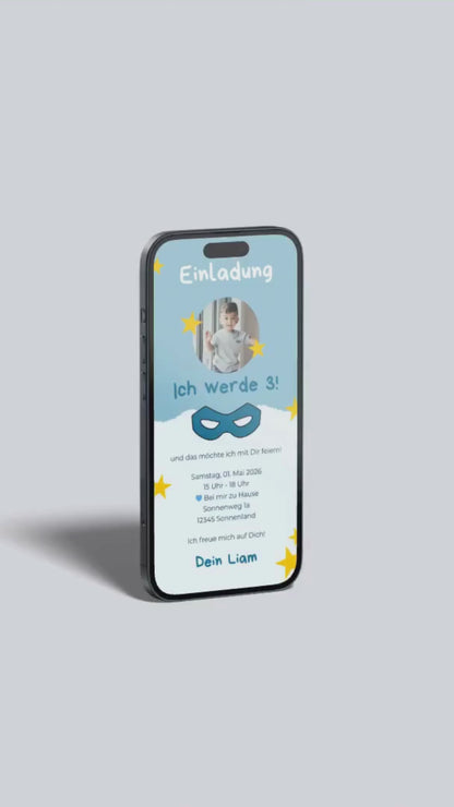 Digitale Einladung Kindergeburtstag – Superhelden & Blau