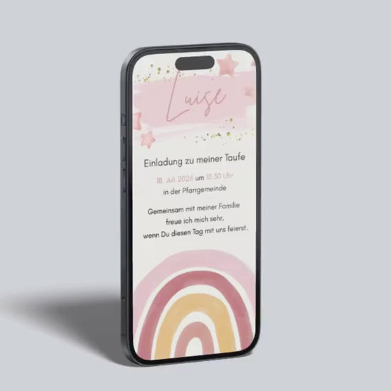 Video-Vorschau der digitalen Taufeinladung mit Regenbogen und Sternen.