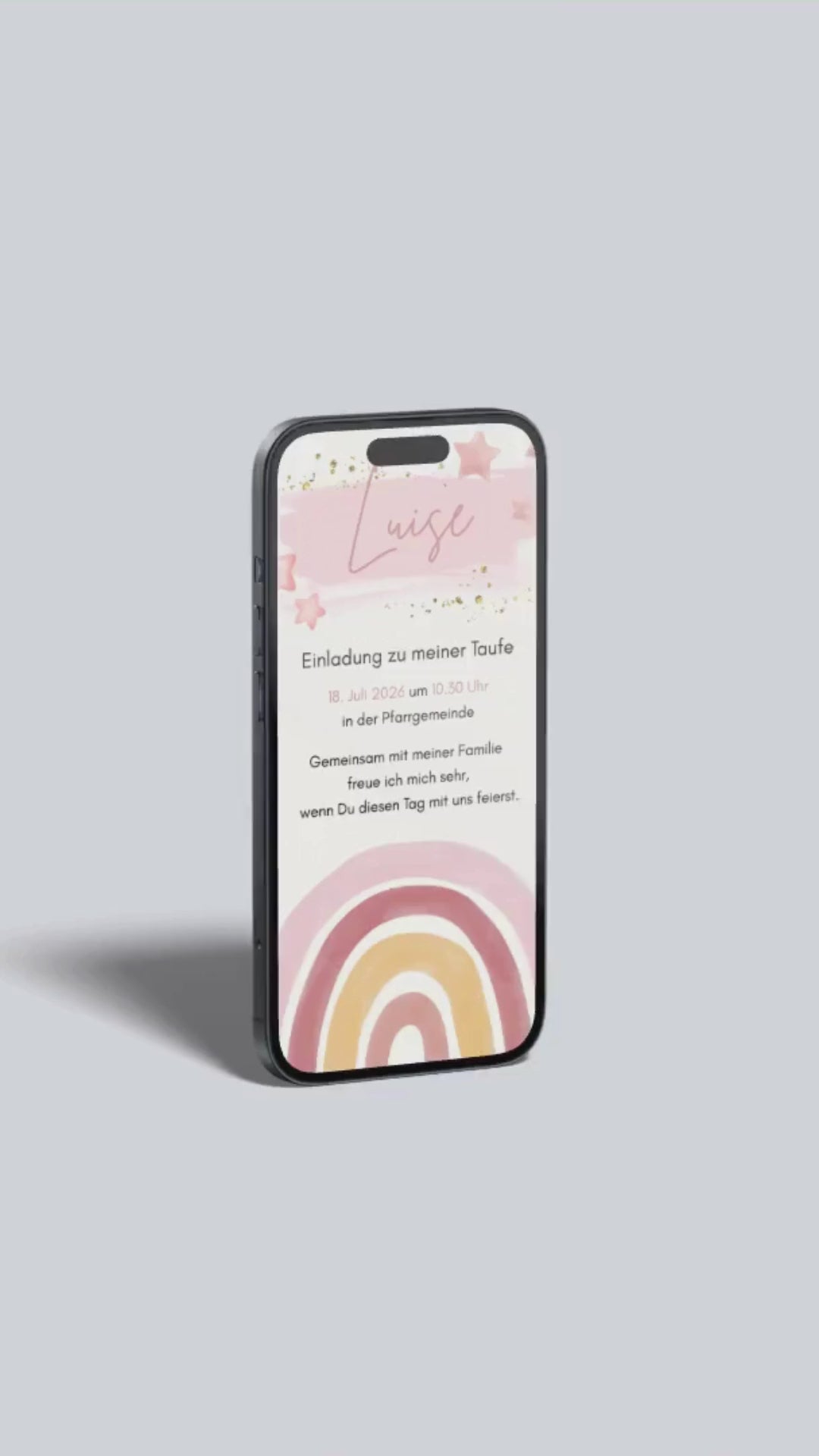 Video-Vorschau der digitalen Taufeinladung mit Regenbogen und Sternen.