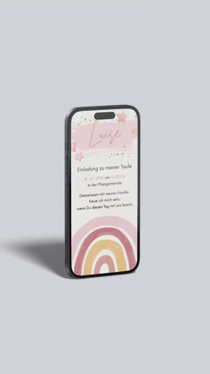 Video-Vorschau der digitalen Taufeinladung mit Regenbogen und Sternen.