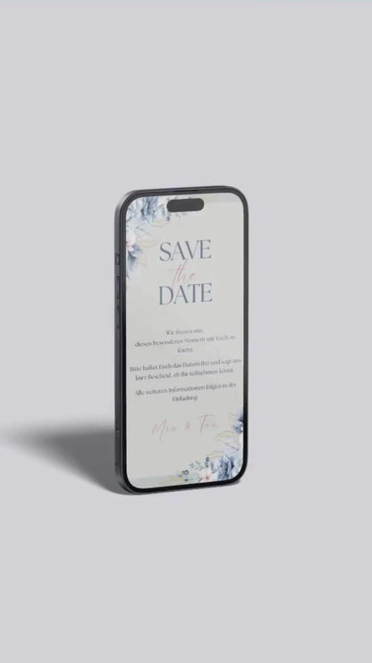 Digitale Save-the-Date Karte – Blau & Florales Aquarell