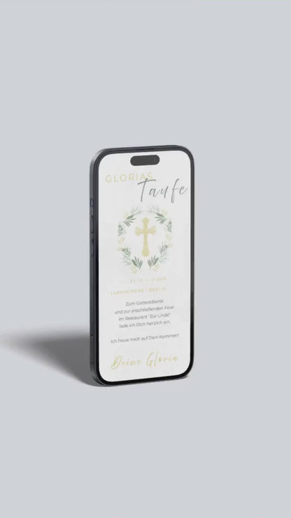 Digitale Taufeinladung – schlicht & elegant mit goldener Kreuzgrafik