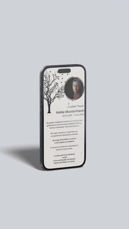 Digitale Trauerkarte mit Baum und Foto – eindrucksvoll und persönlich Abschied nehmen