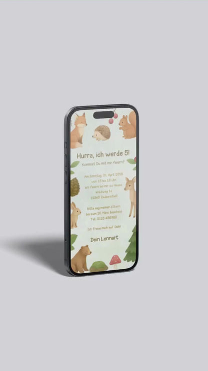 Digitale Einladung Kindergeburtstag – Waldtiere & Natur
