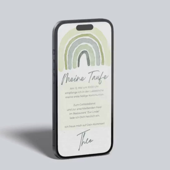 Video-Vorschau der digitalen Taufeinladung mit Aquarell-Regenbogen.