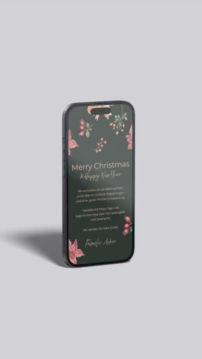 Digitale Weihnachtskarte – Merry Christmas & Happy New Year in Dunkelgrün mit Beeren
