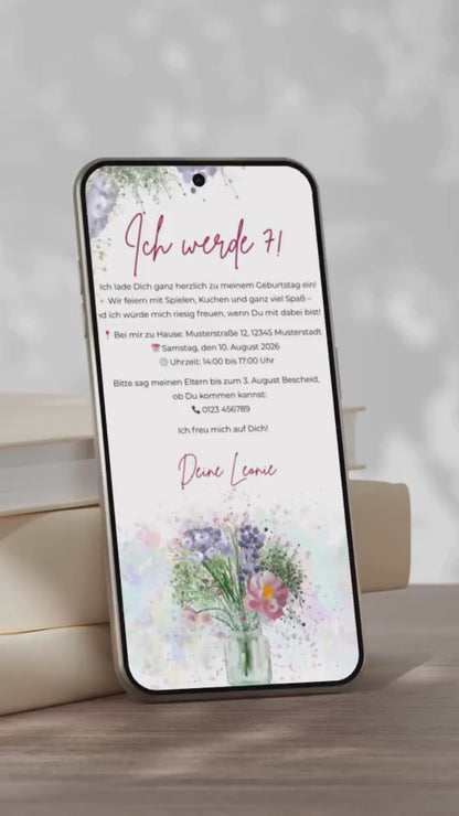 Digitale Geburtstagseinladung für Kinder – Aquarell-Blumen im verspielten Design