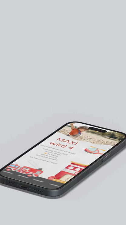 Digitale Geburtstagseinladung für Kinder – Feuerwehr-Design mit Foto & roten Fahrzeugen