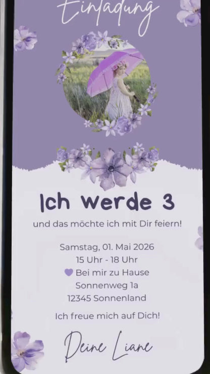 Digitale Geburtstagseinladung für Kinder – Blumen-Design in Lila zum Sofortversenden