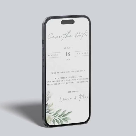 Video-Vorschau der digitalen Save the Date Karte mit Eukalyptus-Design.