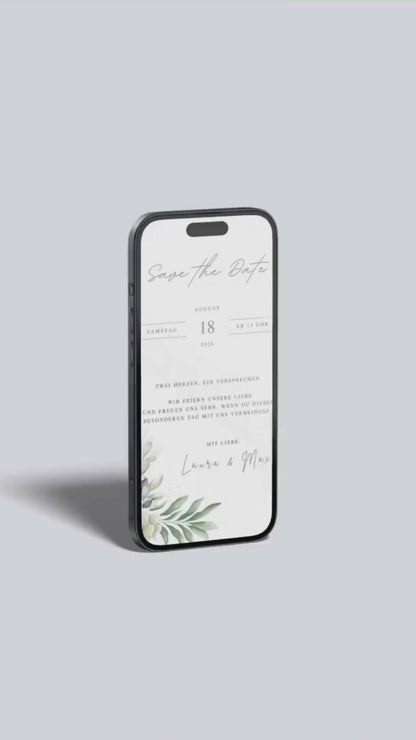 Video-Vorschau der digitalen Save the Date Karte mit Eukalyptus-Design.