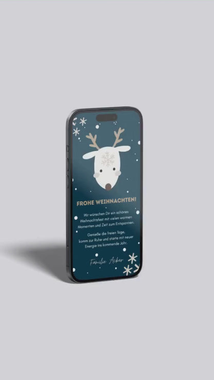 Digitale Weihnachtskarte – Rentier mit Schneeflocke & Winterdesign