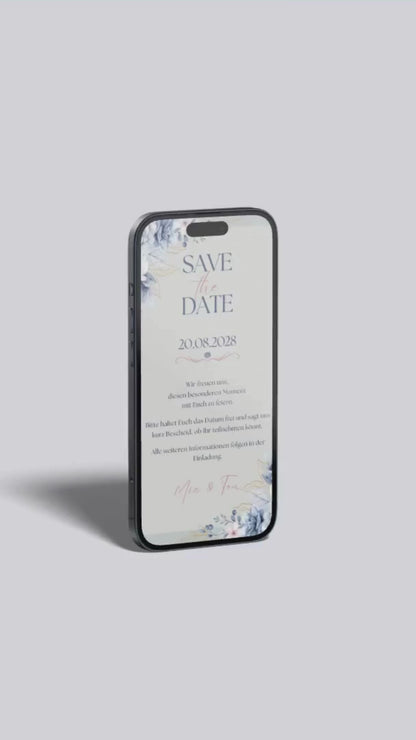 Digitale Save-the-Date Karte – Blau & Florales Aquarell