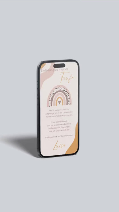 Digitale Taufeinladung mit Herz & Regenbogen – liebevoll gestaltete Einladung zur Taufe