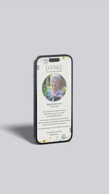 Digitale Danksagungskarte – Aquarellblätter & Fotorahmen