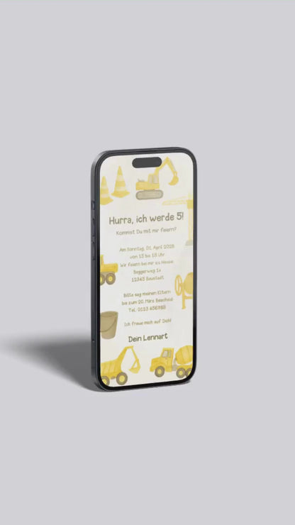 Digitale Einladung Kindergeburtstag – Baustelle & Baufahrzeuge